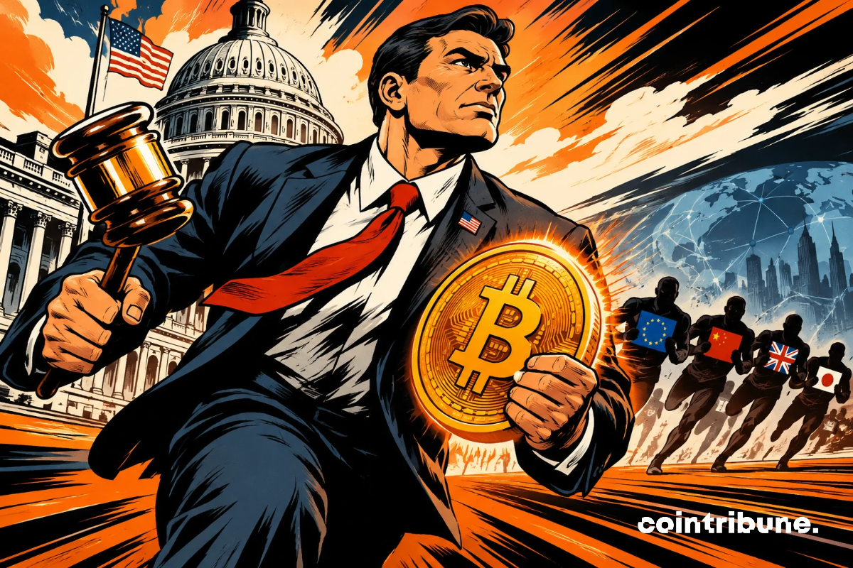 Un régulateur américain fonce devant le Capitole, marteau et Bitcoin en main, tandis que les puissances mondiales tentent de le rattraper.