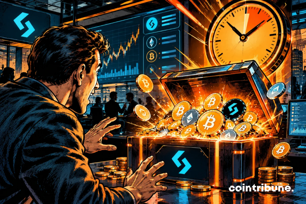 A crypto investor discovers a glowing digital treasure chest as an orange countdown clock signals Bitget’s limited-time rewards opportunity.