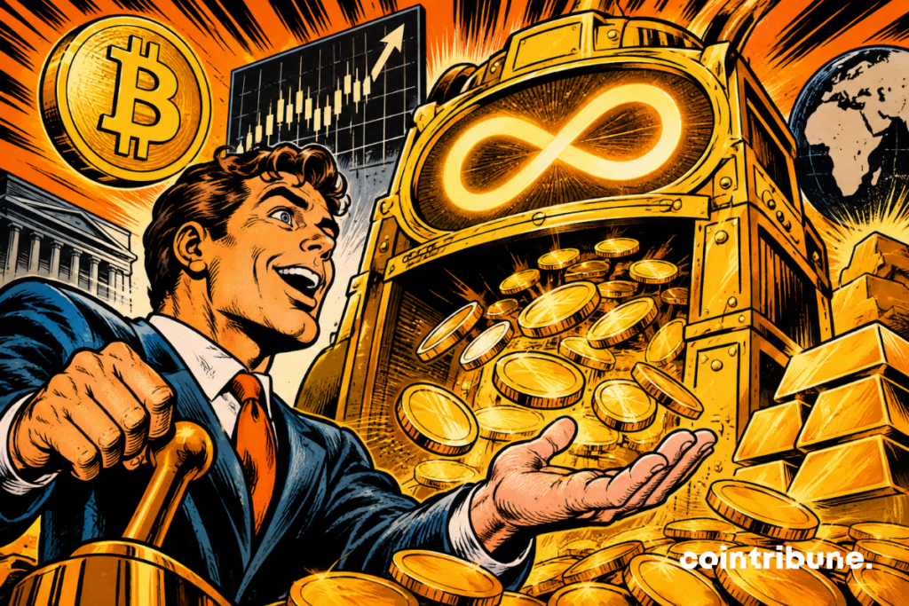 An investor discovers a machine that generates infinite income by dispensing gold coins, symbolizing Bitget's affiliate commissions across three financial markets.