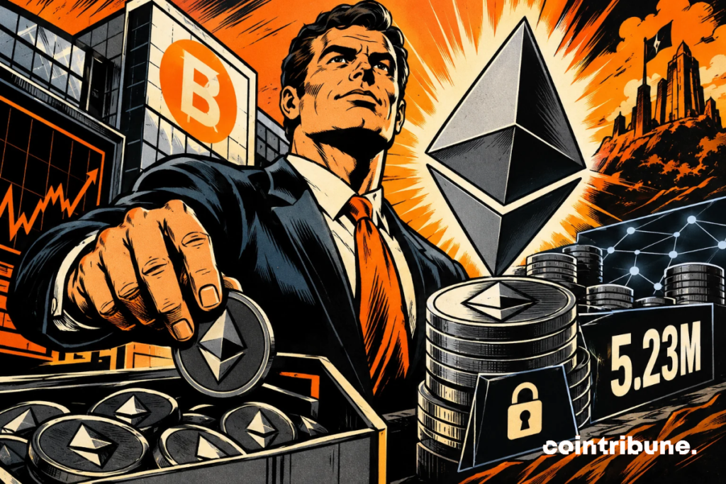 Un dirigeant déterminé saisit un Ethereum géant, tandis que des jetons verrouillés symbolisent le staking massif et les rachats d’actions de BitMine.