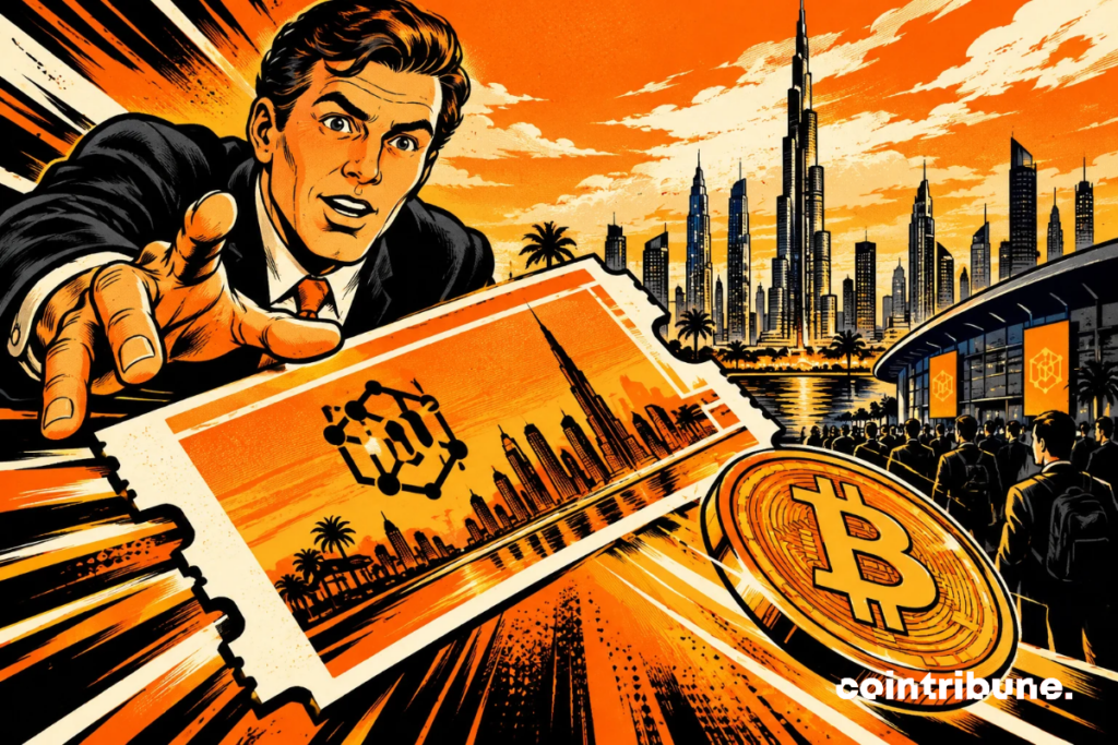 llustration d’un homme tendant la main vers un billet Blockchain Life 2026 devant les gratte-ciel de Dubaï et un bitcoin