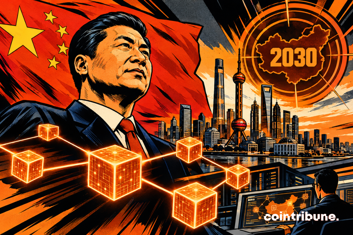 Un dirigeant chinois domine une mégapole futuriste, tandis que des cubes blockchain orange symbolisent l’ambition technologique nationale et l’échéance stratégique de 2030.