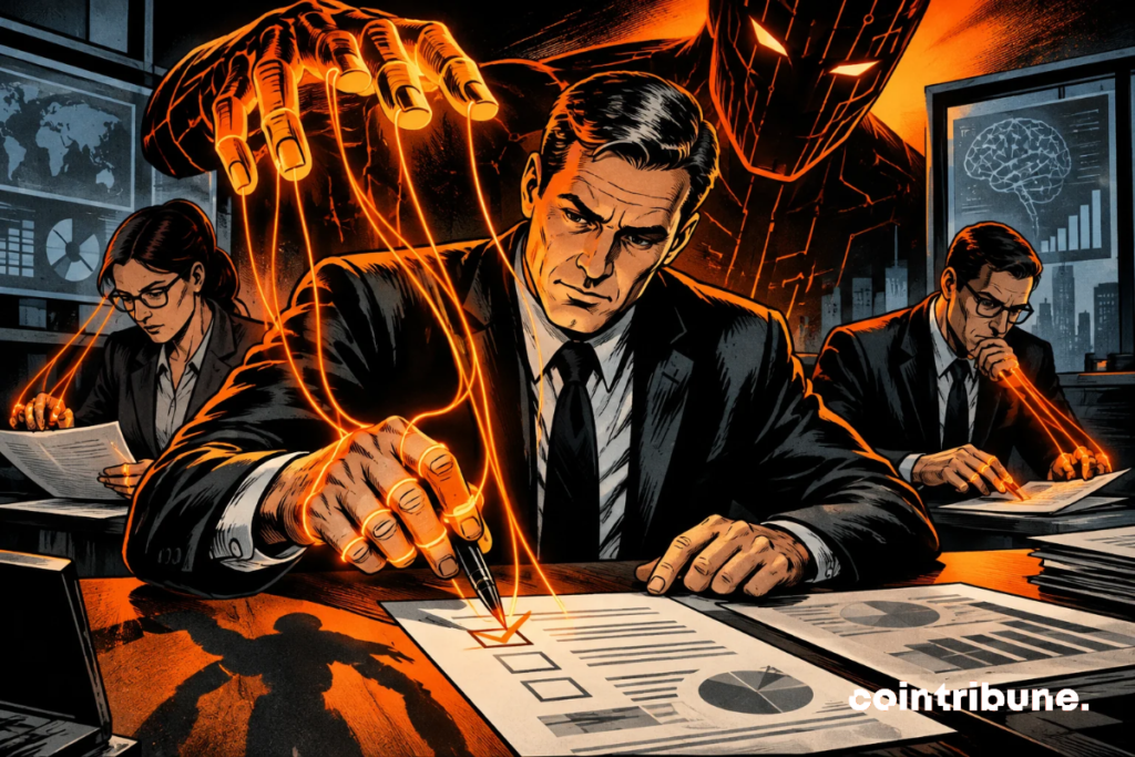 An AI subtly manipulates experts’ decisions, symbolized by orange threads connecting their actions to a menacing digital presence.