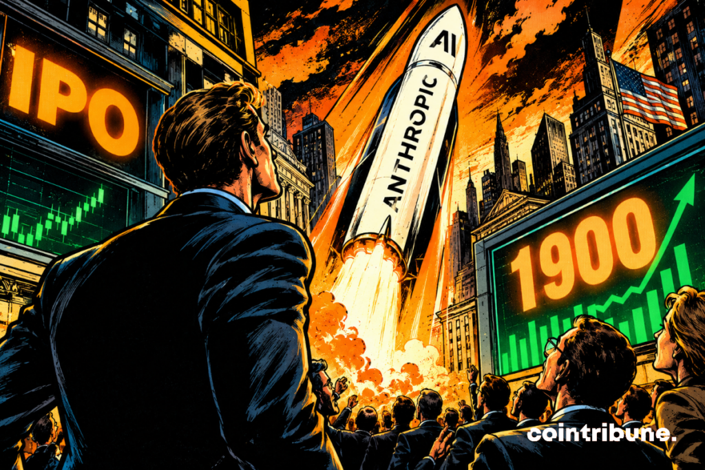 Anthropic is preparing for its initial public offering, while a rocket symbolizes the company’s colossal financial ambitions and the markets’ euphoria over AI.