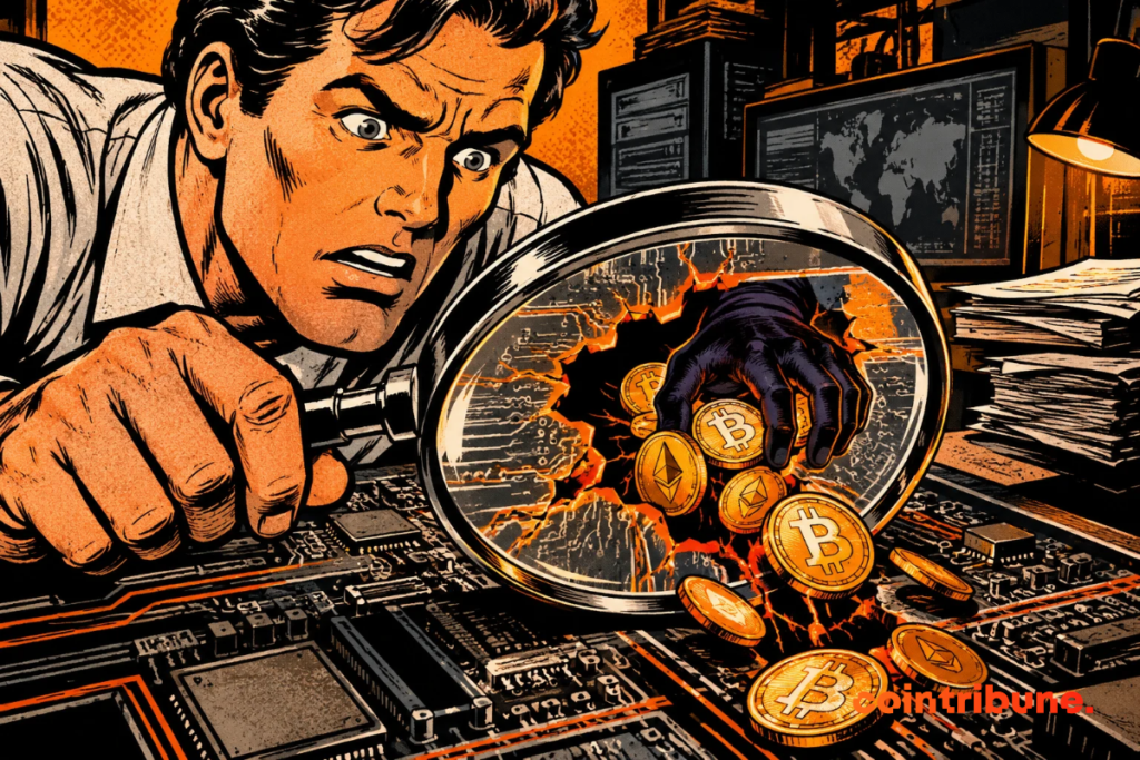 A crypto auditor examines an electronic circuit with a magnifying glass as a hacker steals Bitcoin and Ether through a security flaw