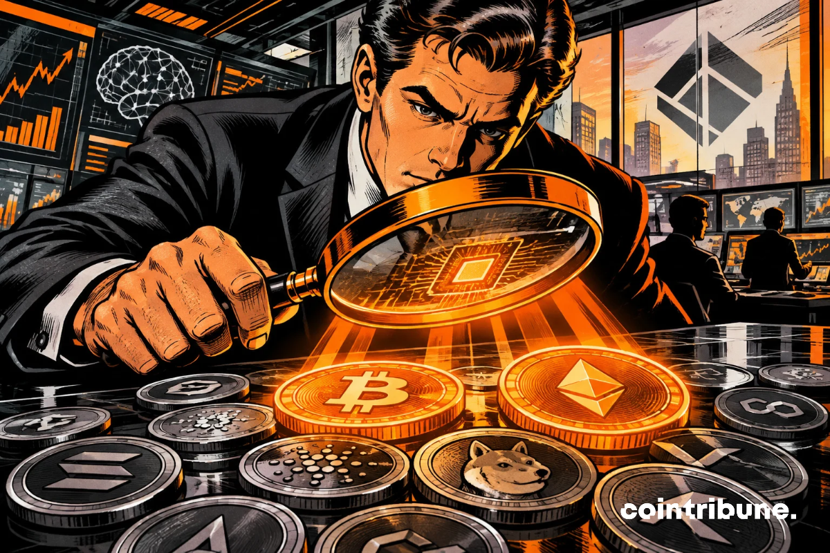 Un analyste crypto examine des jetons numériques à travers une loupe lumineuse, tandis que l’intelligence artificielle et marchés s’animent derrière lui.