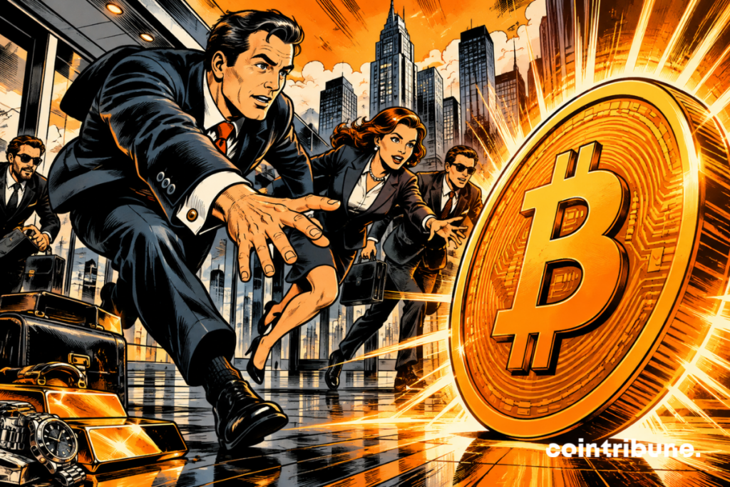 Des investisseurs fortunés se précipitent vers une grande pièce Bitcoin dans une ville financière, illustrant l’attrait croissant pour la crypto.