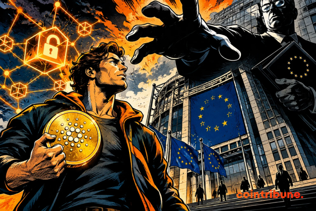 A Cardano advocate holding an ADA token stands before an imposing European building, threatened by a figure symbolizing Brussels' regulatory power. A glowing blockchain network and European Union flags form the backdrop