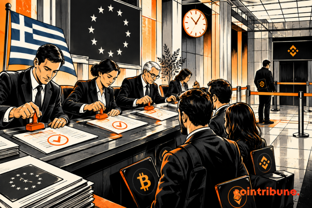 Four crypto service providers have their MiCA applications approved by a Greek authority under the symbols of Greece and the European Union, while a Binance representative waits on the sidelines behind a barrier.