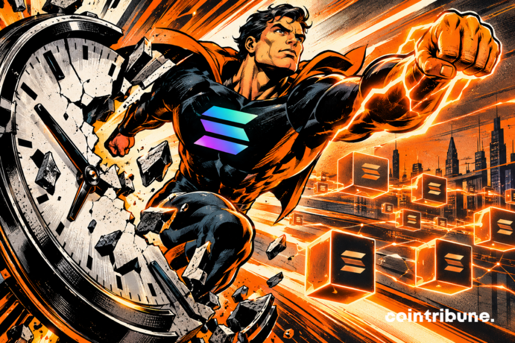 A Solana-themed superhero smashes through a broken stopwatch, his fist charged with orange lightning, while glowing crypto blockchain blocks symbolize faster transaction finality enabled by the Alpenglow upgrade