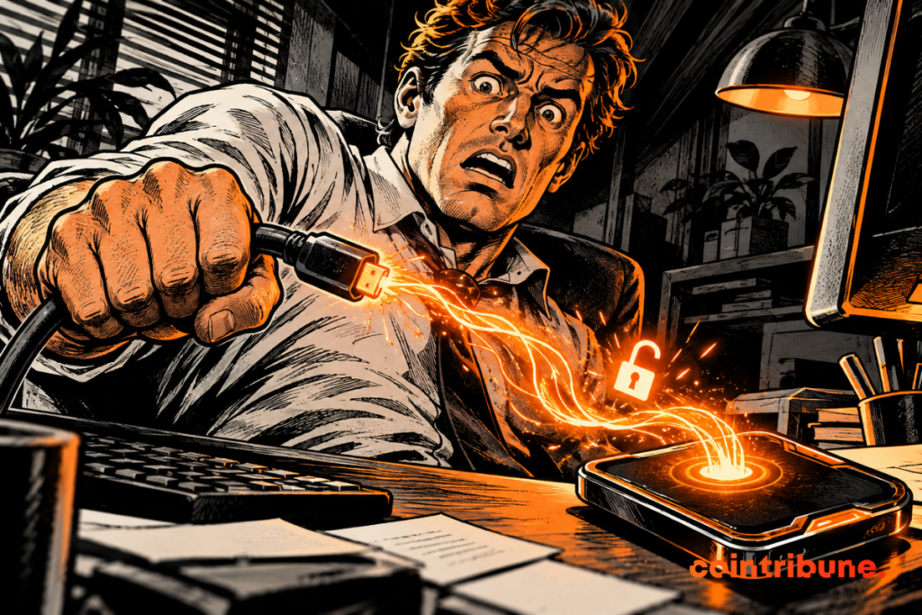 Illustration de style bande dessinée : un homme tente de couper une connexion lumineuse qui reste active malgré ses efforts.