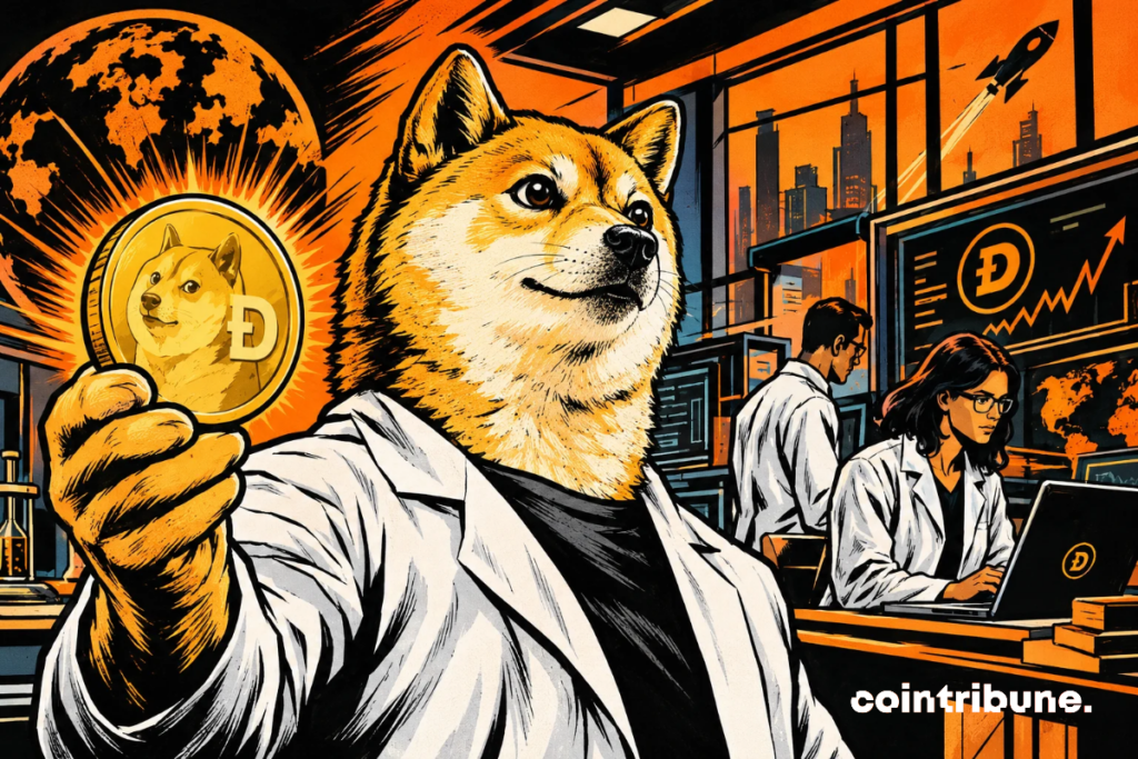 Un Shiba Inu scientifique brandit une pièce Dogecoin dans un laboratoire futuriste, illustrant l’innovation crypto en style comics seventies orange et noir.
