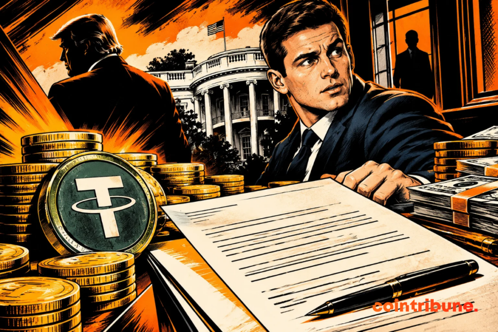 A man in a suit standing in front of a financial contract, surrounded by Tether crypto coins and stacks of dollar bills, with the White House and a political figure’s silhouette in the background