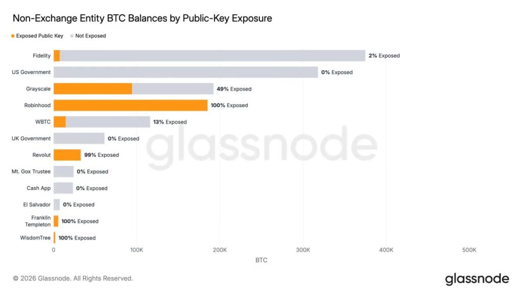 Graphique Glassnode montrant les soldes de bitcoins exposés aux clés publiques et les proportions concernées chez différentes entreprises et entités, dont Fidelity, Grayscale, Robinhood et Revolut.