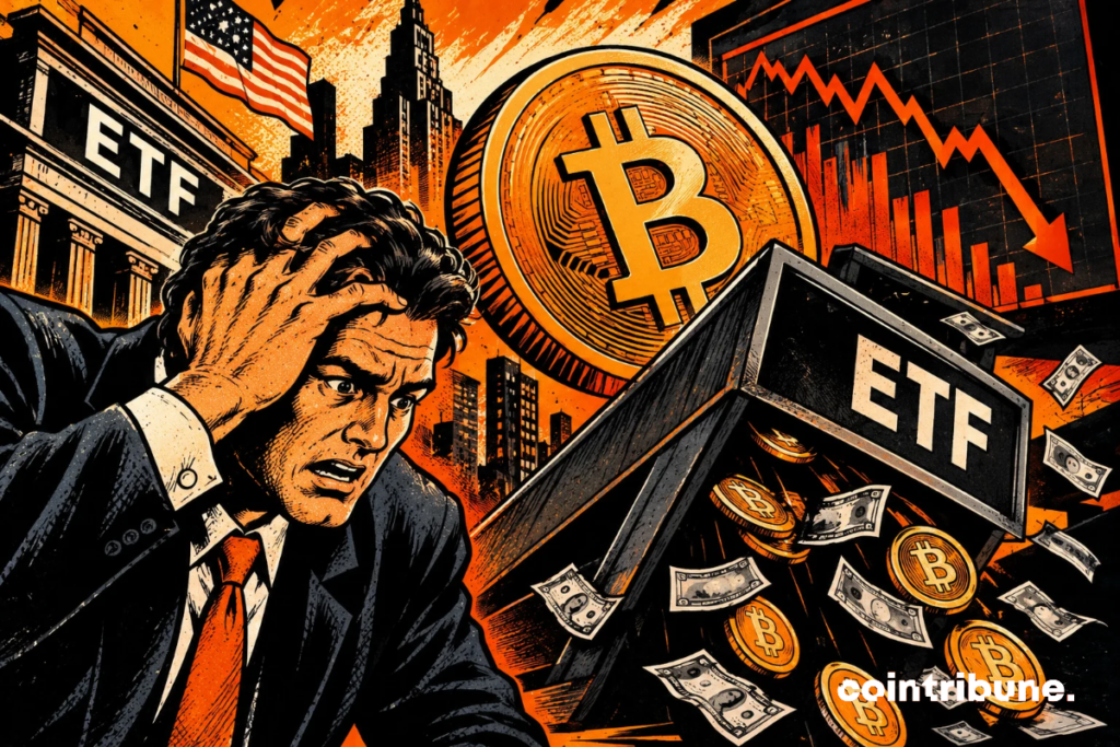 A trader panics as massive outflows hit Bitcoin ETFs, while capital flees and markets plunge sharply.