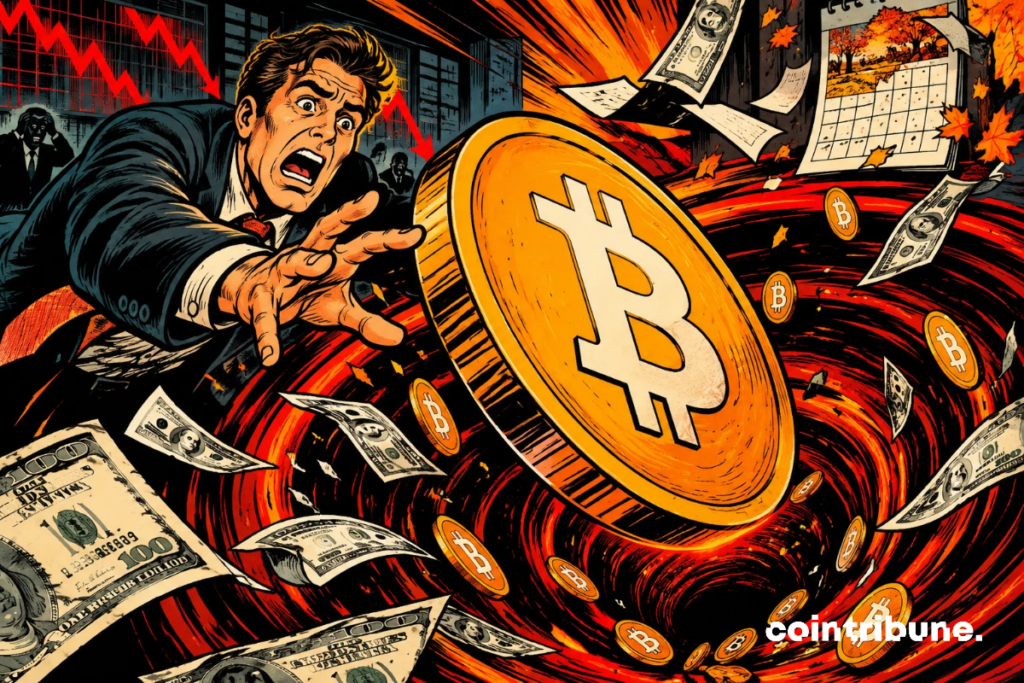 A panicked investor tries to hold onto a gigantic Bitcoin being sucked into a financial vortex. Soaring prices, red charts, and a tense atmosphere illustrate the collapse of Bitcoin ETFs in October.
