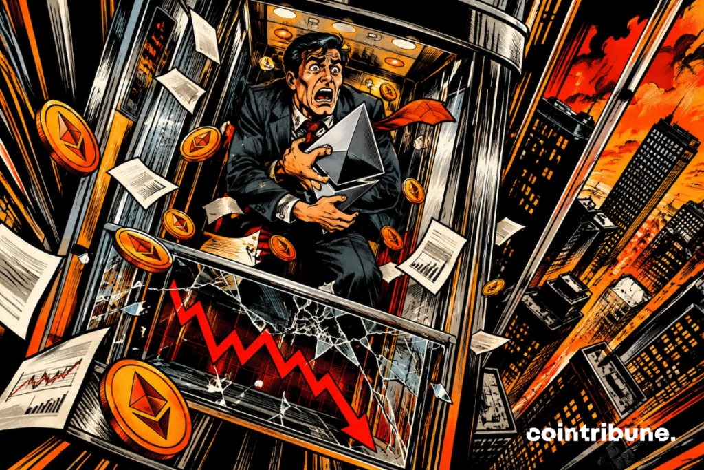 Un inversor aterrorizado cae en un ascensor financiero, aferrándose al Ether mientras los gráficos bajistas, las monedas y los escombros simbolizan la debacle.