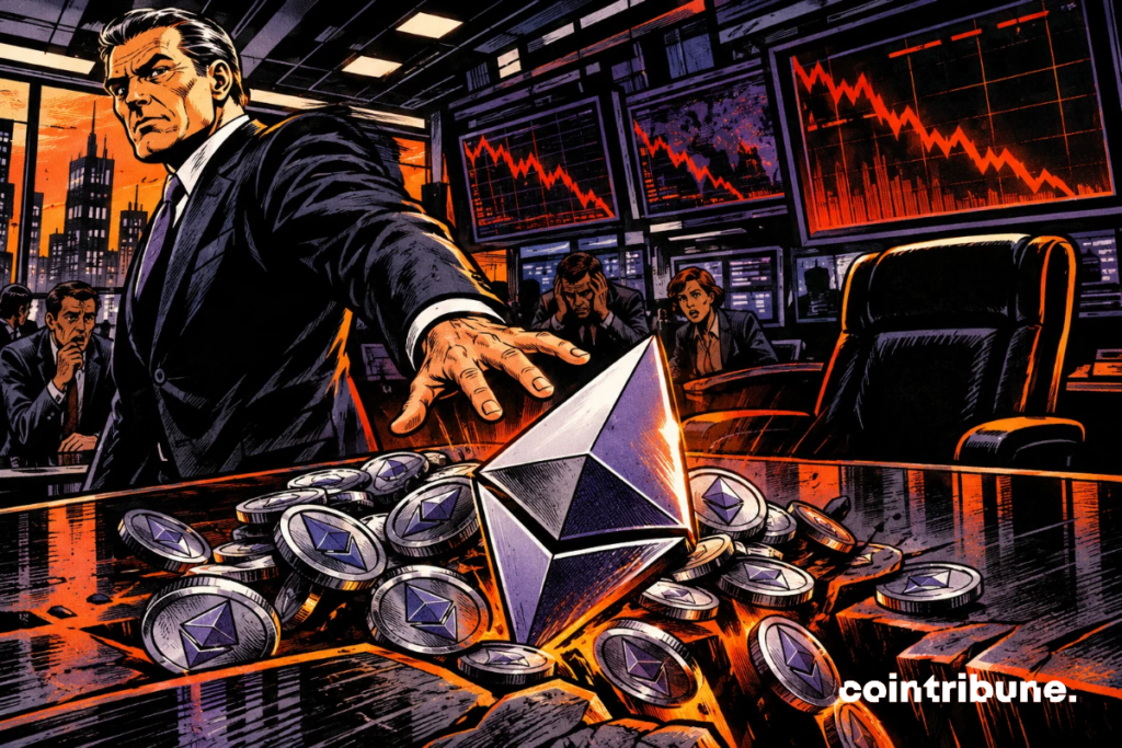Un inversor institucional se retira, Ethereum se tambalea, cunde el pánico en los mercados y una silla vacía simboliza la incertidumbre sobre los futuros compradores.