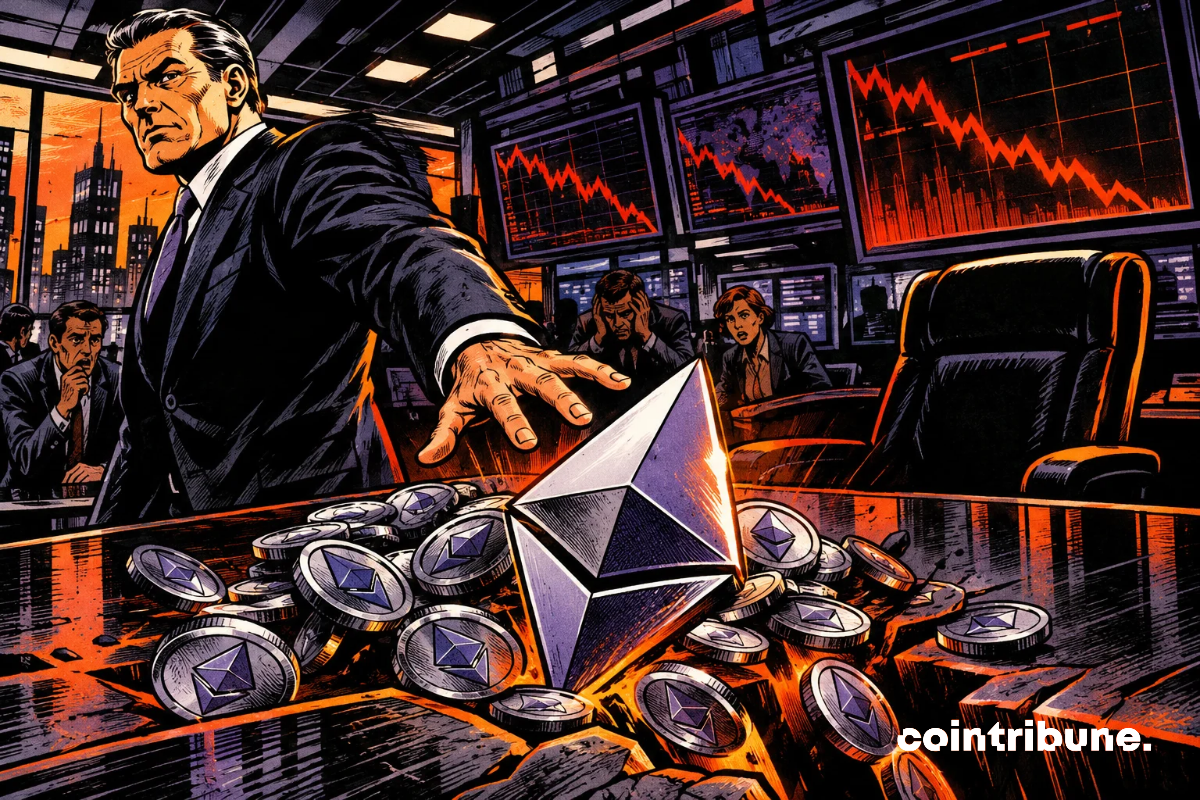 Un investisseur institutionnel se retire, Ethereum vacille, les marchés paniquent et une chaise vide symbolise l’incertitude sur les futurs acheteurs.