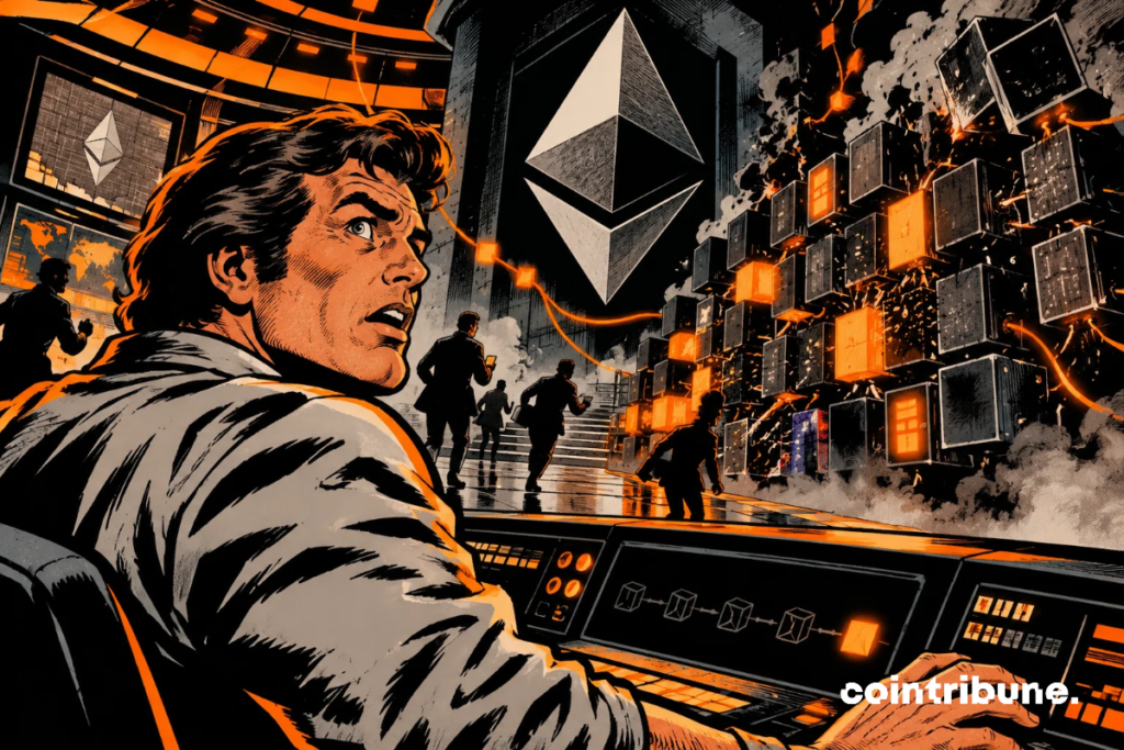 A stunned operator watches as the Ethereum network goes dark while digital blocks crumble in a blazing control room.