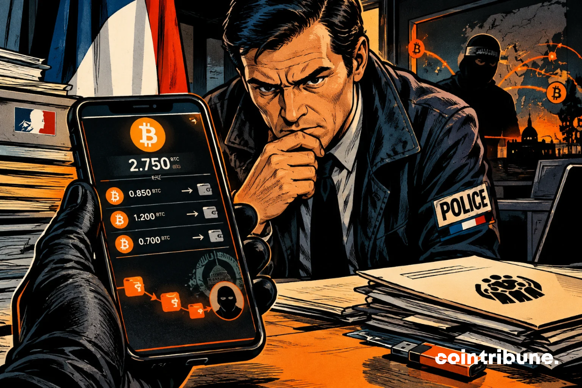 Une enquête française dévoile un réseau crypto clandestin, reliant des transactions suspectes à des silhouettes radicales dans une atmosphère inquiétante.