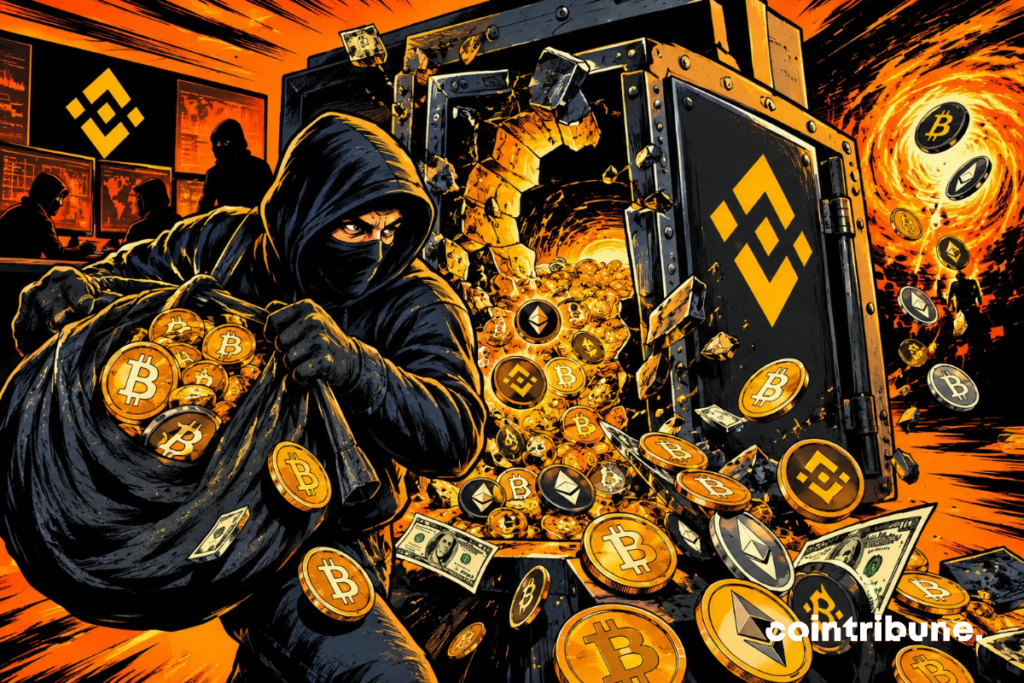 A hacker rips off a massive Binance vault, making off with billions in cryptocurrency in a spectacular explosion of orange digital coins.