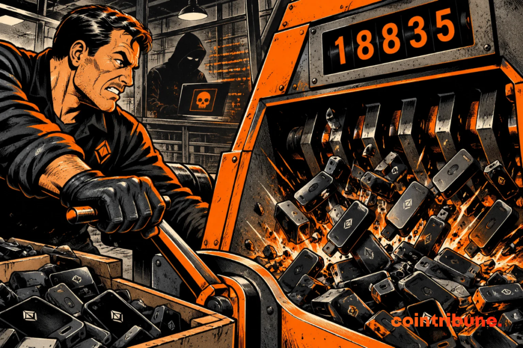 An industrial worker operates a shredder destroying crypto wallets, with the number 18,835 displayed on the machine. A hacker silhouette appears behind a window in a dark factory.