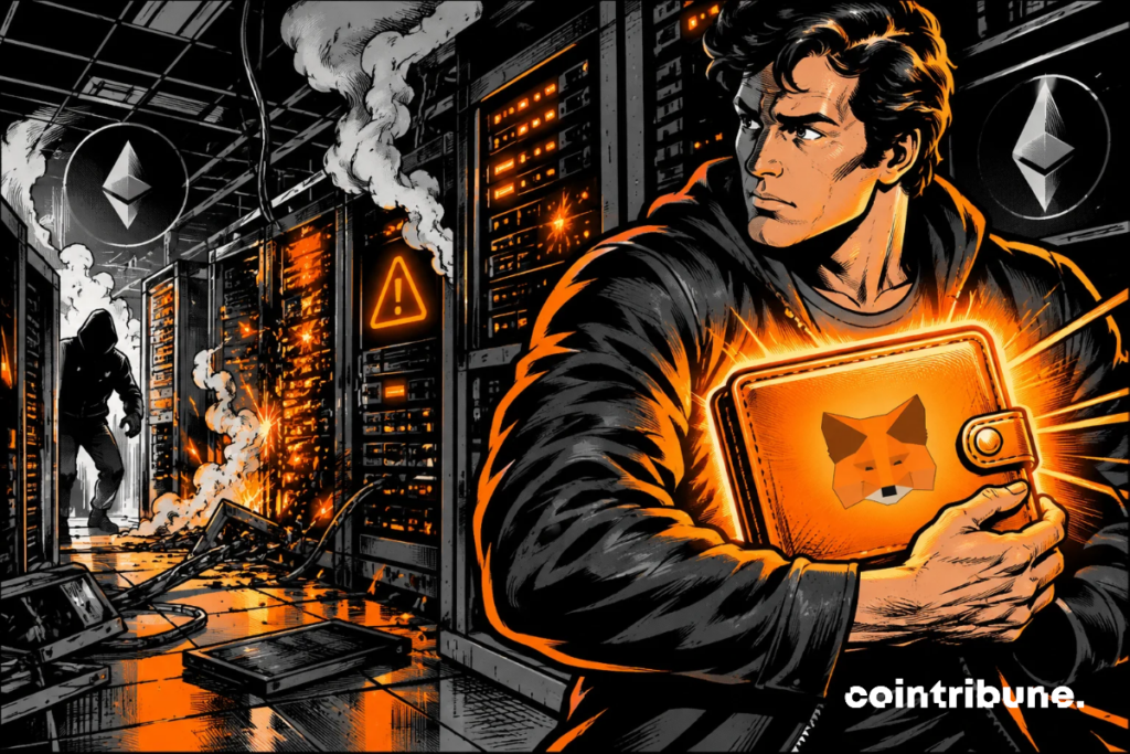 Un homme protège un portefeuille crypto MetaMask lumineux tandis qu’un centre de données compromis s’embrase, symbolisant une infrastructure attaquée mais des wallets sécurisés.
