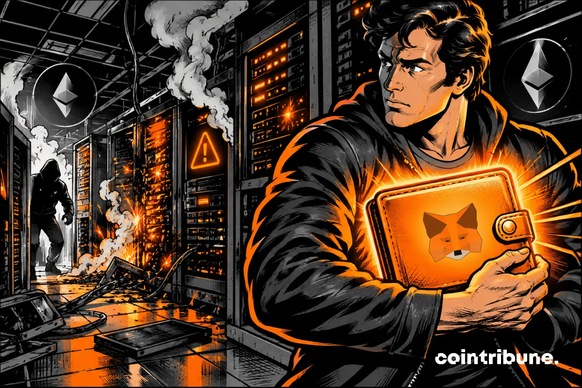 Un homme protège un portefeuille crypto MetaMask lumineux tandis qu’un centre de données compromis s’embrase, symbolisant une infrastructure attaquée mais des wallets sécurisés.