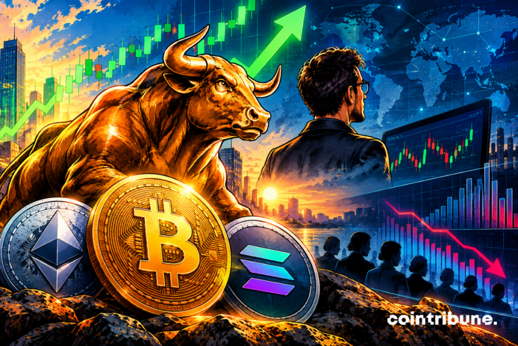 Illustration du marché crypto avec un taureau haussier, les logos de Bitcoin, Ethereum et Solana, et des graphiques financiers contrastés.