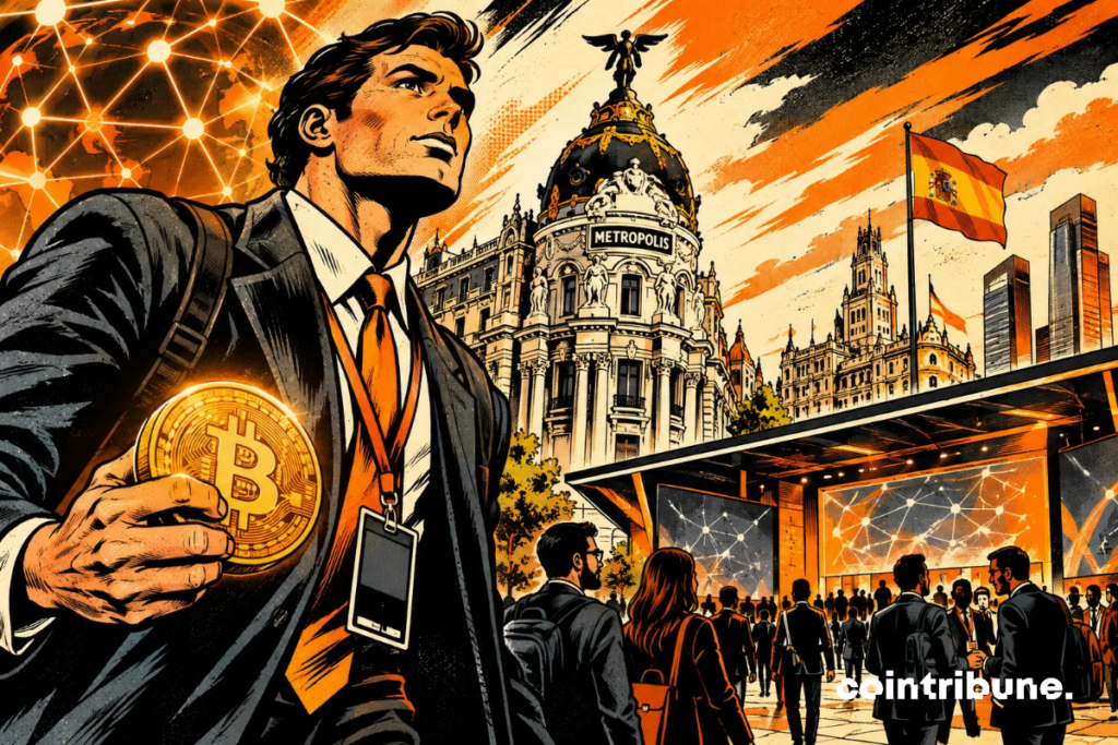 Comic-style illustration of a MERGE Madrid 2026 attendee holding a Bitcoin coin in front of Madrid’s Metropolis building
