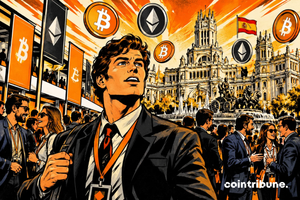 MERGE Madrid side events: comic-style illustration of an attendee with a badge in front of Madrid’s Cibeles Palace