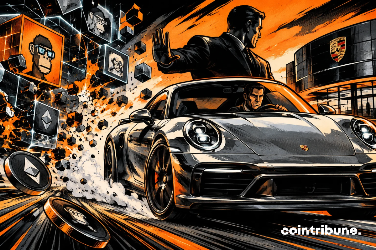NFT: A Porsche 911 speeds away from a crumbling Web3 universe, with digital fragments exploding behind it.