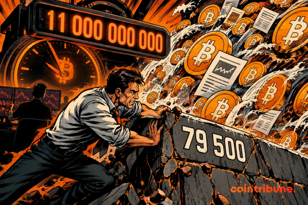 A panicked Bitcoin trader tries to hold back a gigantic cracked barrier representing the .5K support level