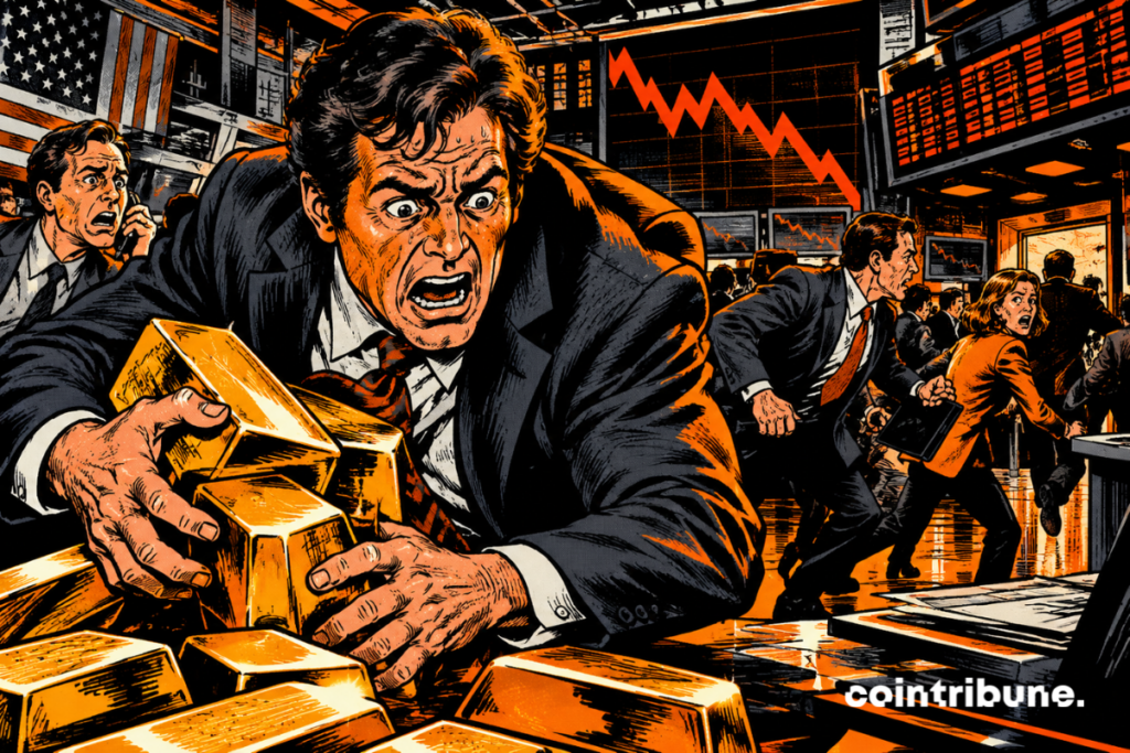 A panicked trader clutches gold bars on a trading floor as charts show a sharp market decline.