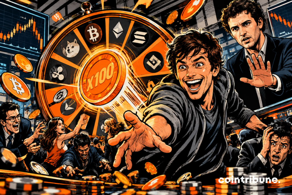 Crypto traders in a casino setting around a giant wheel marked “x100”