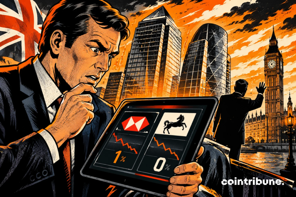 À Londres, un banquier inquiet observe des graphiques bancaires en chute sur sa tablette tandis que les autorités scrutent Polymarket.
