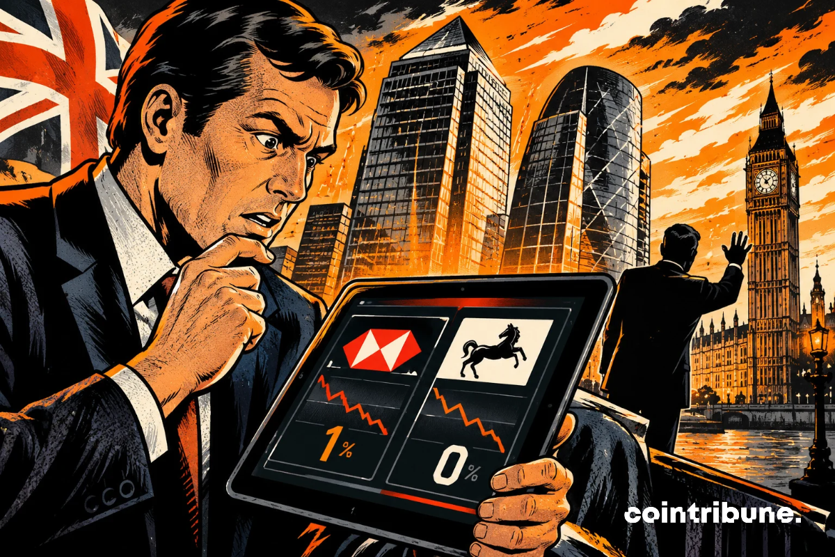 À Londres, un banquier inquiet observe des graphiques bancaires en chute sur sa tablette tandis que les autorités scrutent Polymarket.