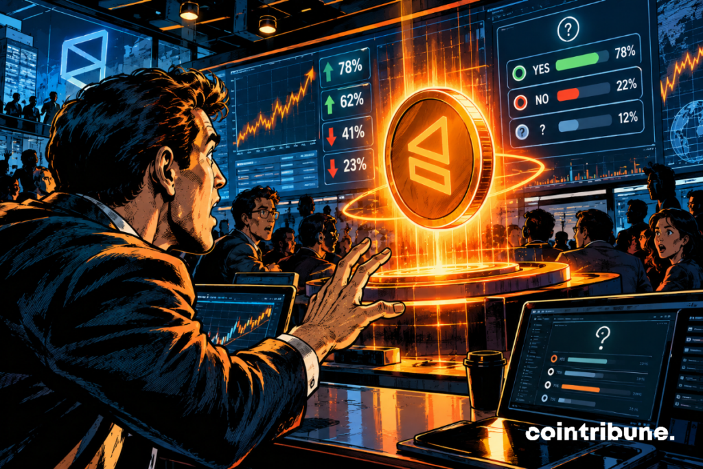 A fascinated trader watches as a mysterious glowing token emerges from a bustling prediction market, reigniting speculation surrounding Polymarket.