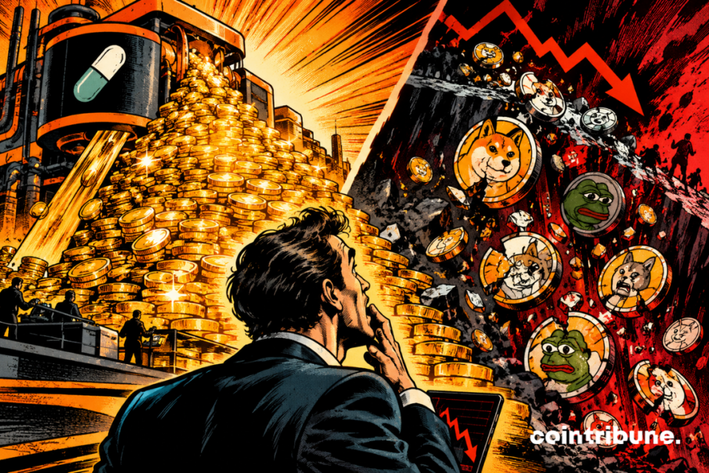 A mountain of gold coins piles up beside a collapsing pile of memecoins, illustrating Pump.fun’s revenue despite the crypto market downturn.