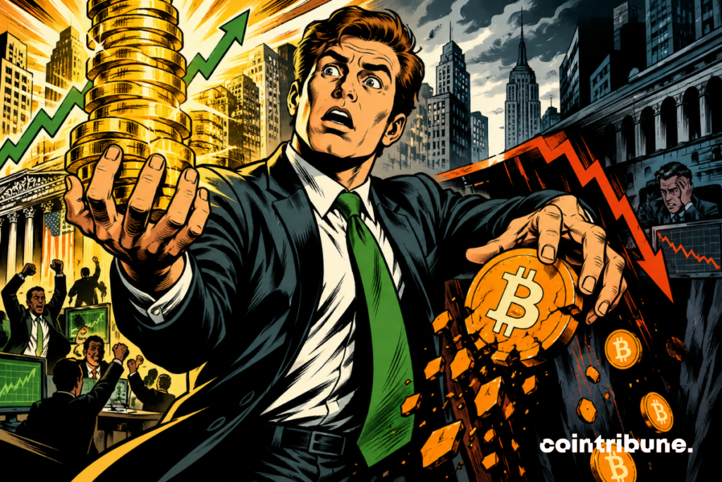 Um trader atônito se debate entre uma montanha de ouro e um Bitcoin em queda livre, ilustrando o paradoxo financeiro da Robinhood.