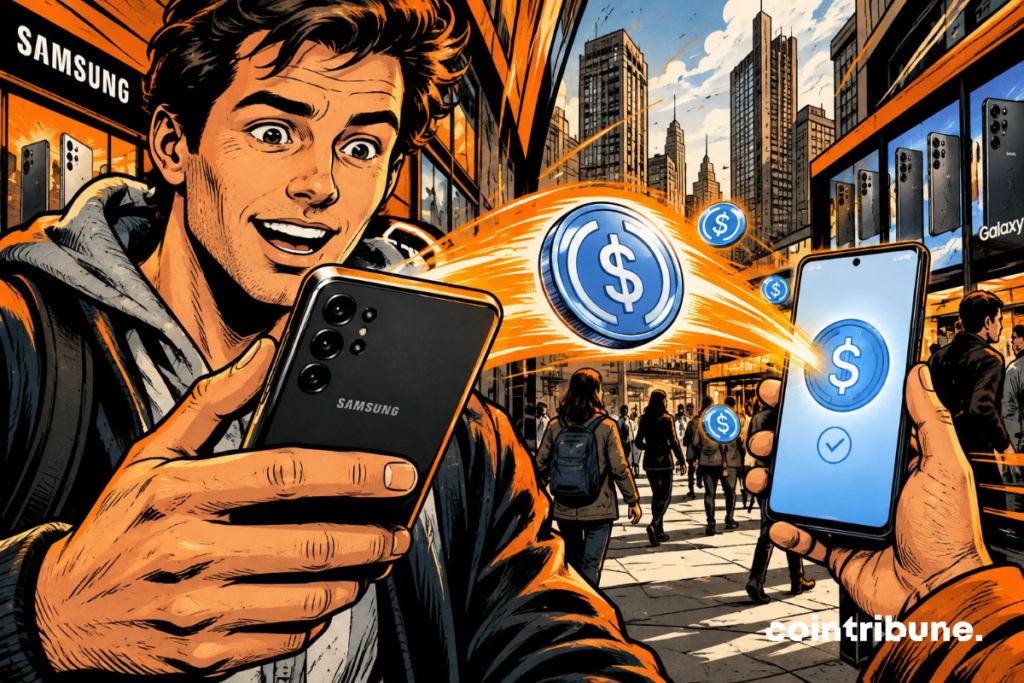 A Galaxy user transfers USDC between smartphones, illustrating the imminent arrival of crypto payments in everyday mobile life.