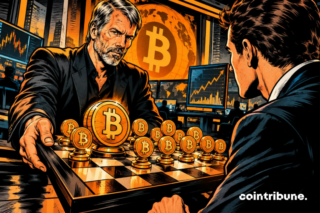 In a trading floor, two financiers face off over a Bitcoin chessboard, a symbol of an ambitious strategy of accumulation and financial domination.