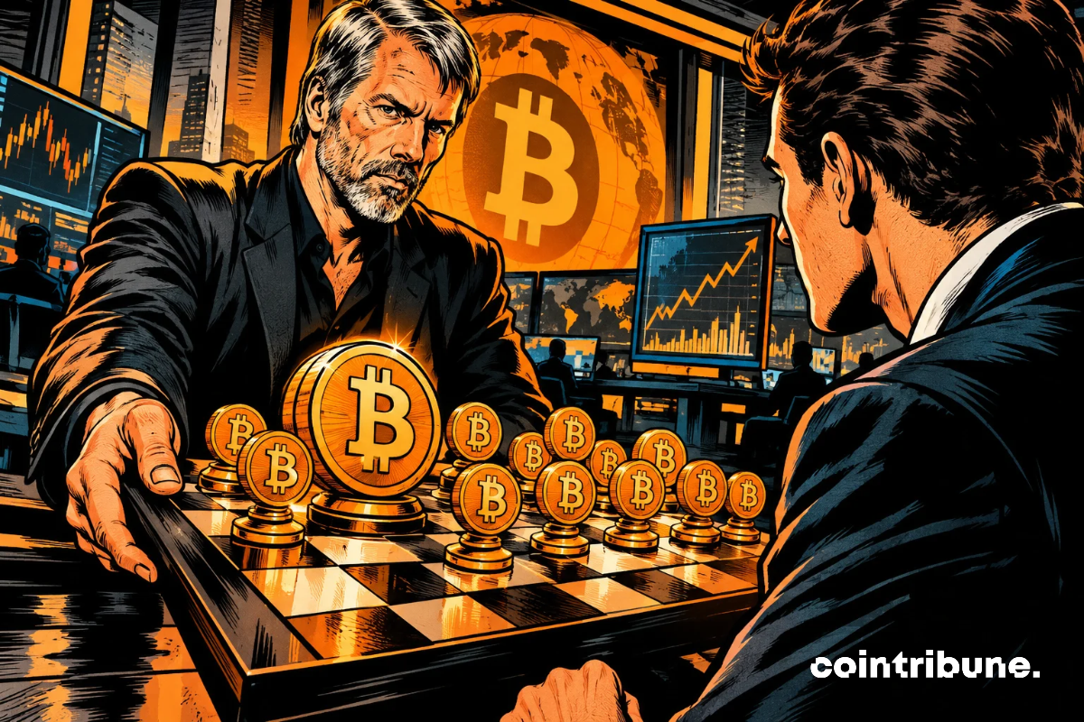 In a trading floor, two financiers face off over a Bitcoin chessboard, a symbol of an ambitious strategy of accumulation and financial domination.