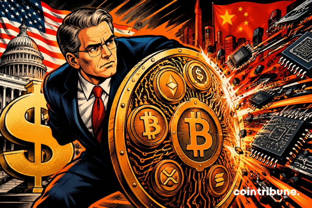 Scott Bessent shields a dollar symbol behind a crypto shield against a Chinese semiconductor offensive, illustrating the technological rivalry between the US and China.