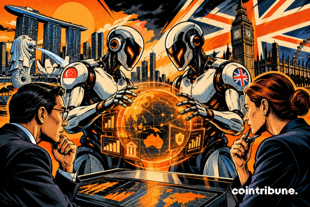 Comic-style illustration of two robots, one with a Singapore flag and one with a UK flag, holding a glowing globe while a man and a woman in suits watch, with Singapore’s skyline on the left and London’s Big Ben on the right.