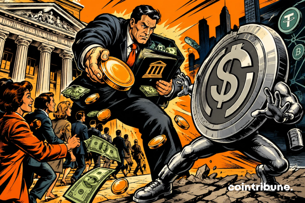 Un banquier brandit une pièce dorée face à un stablecoin géant, illustrant la concurrence bancaire pour attirer l’épargne grâce aux intérêts.