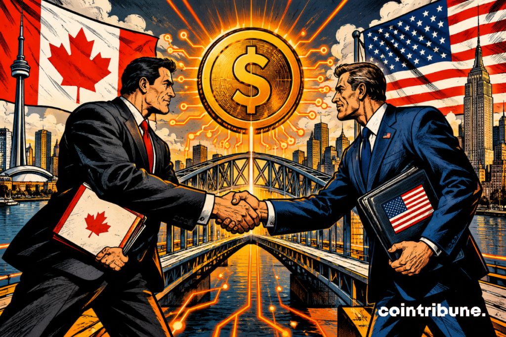 Le Canada et les États-Unis rapprochent leurs réglementations sur les stablecoins, symbolisés par une pièce numérique dorée reliant les deux nations.