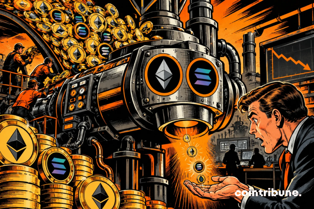 Une immense machine industrielle avalant des pièces Ethereum et Solana, mais ne distribuant que quelques tokens à un investisseur crypto stupéfait, symbolisant la baisse des rendements du staking malgré des volumes records