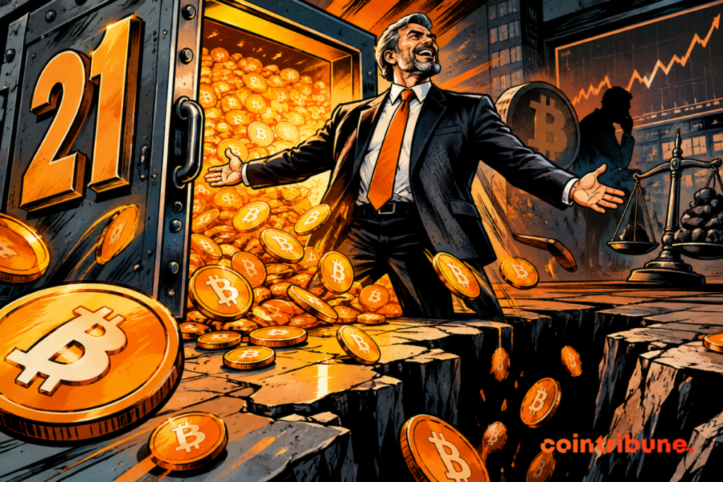 Un coffre-fort de Strategy ouvert rempli de pièces de bitcoin, posé sur un sol fissuré, avec une balance et une courbe en arrière-plan